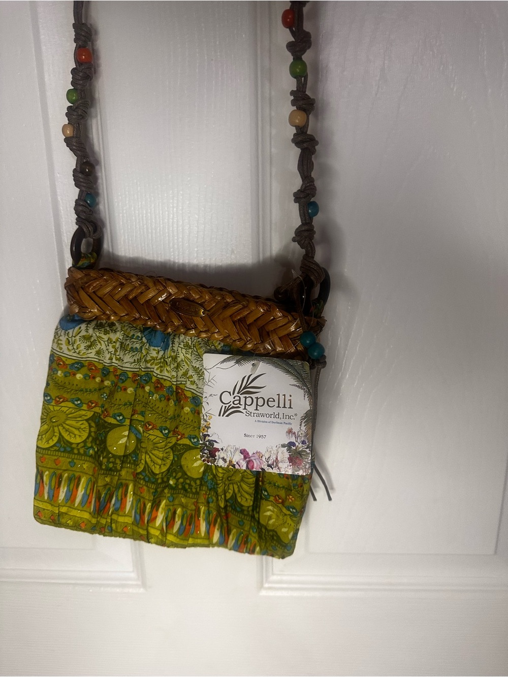 Cappelli Straworld Green Patterned Woven Crossbody Bag with Beaded Strap